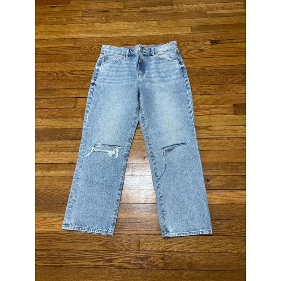 Express Womens Straight Ankle Jeans Size 12 Blue Distressed Denim High Rise - Picture 1 of 6